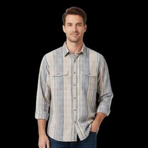 Vintage Y2k Linen Cotton Blend Men's Large Button Front Long Sleeve Plaid Shirt